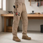 Homem com calças de trabalho bege e botas junto a uma bancada, com ferramentas nos bolsos laterais