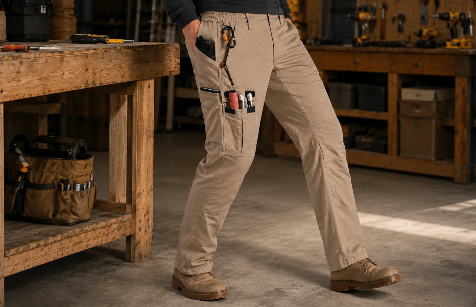 Khakifarbene Herren-Arbeitshose mit Taschen und Nahtdetails