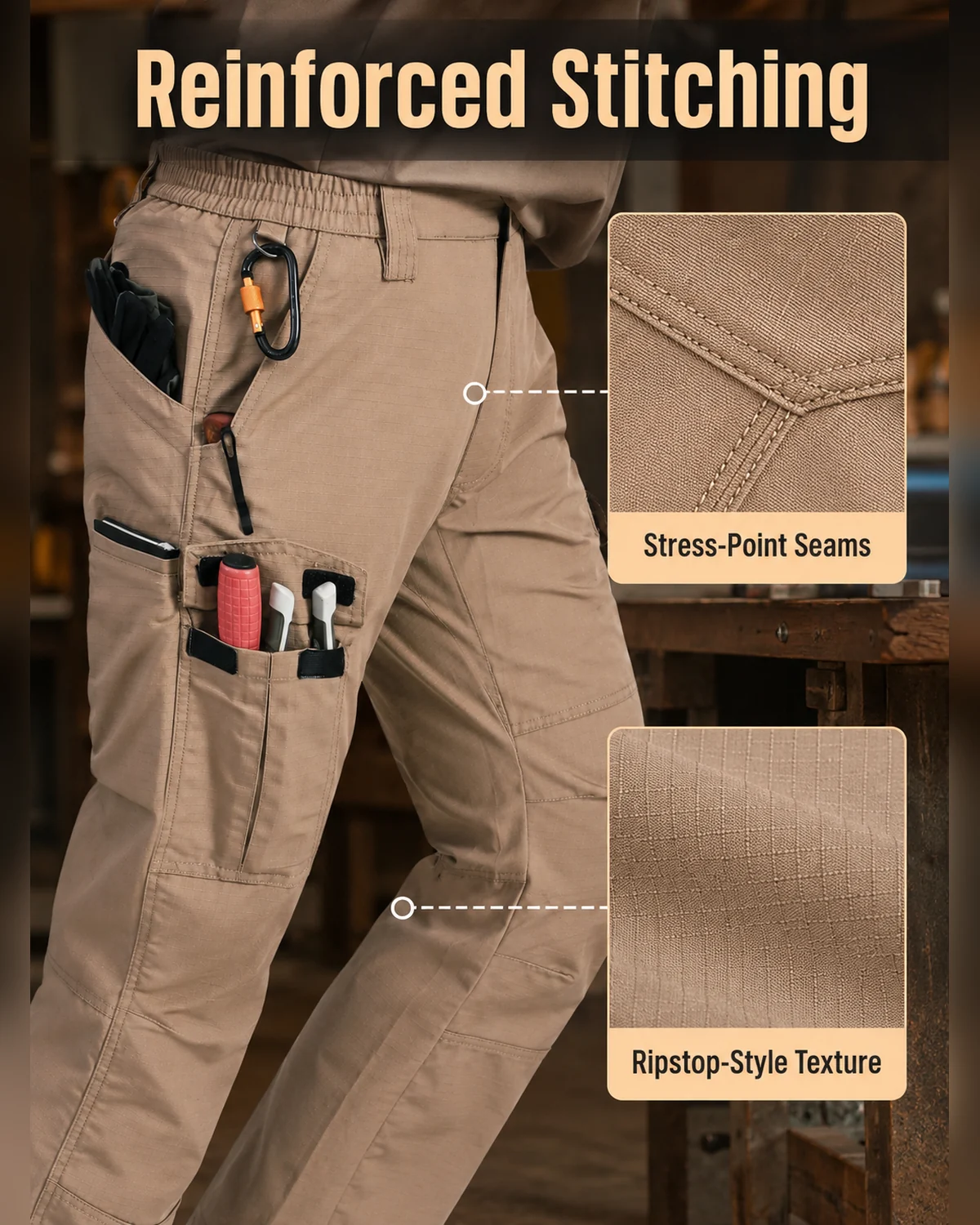 Detalhe de tamanho ou uso para Calca de trabalho industrial masculina com costuras reforcadas