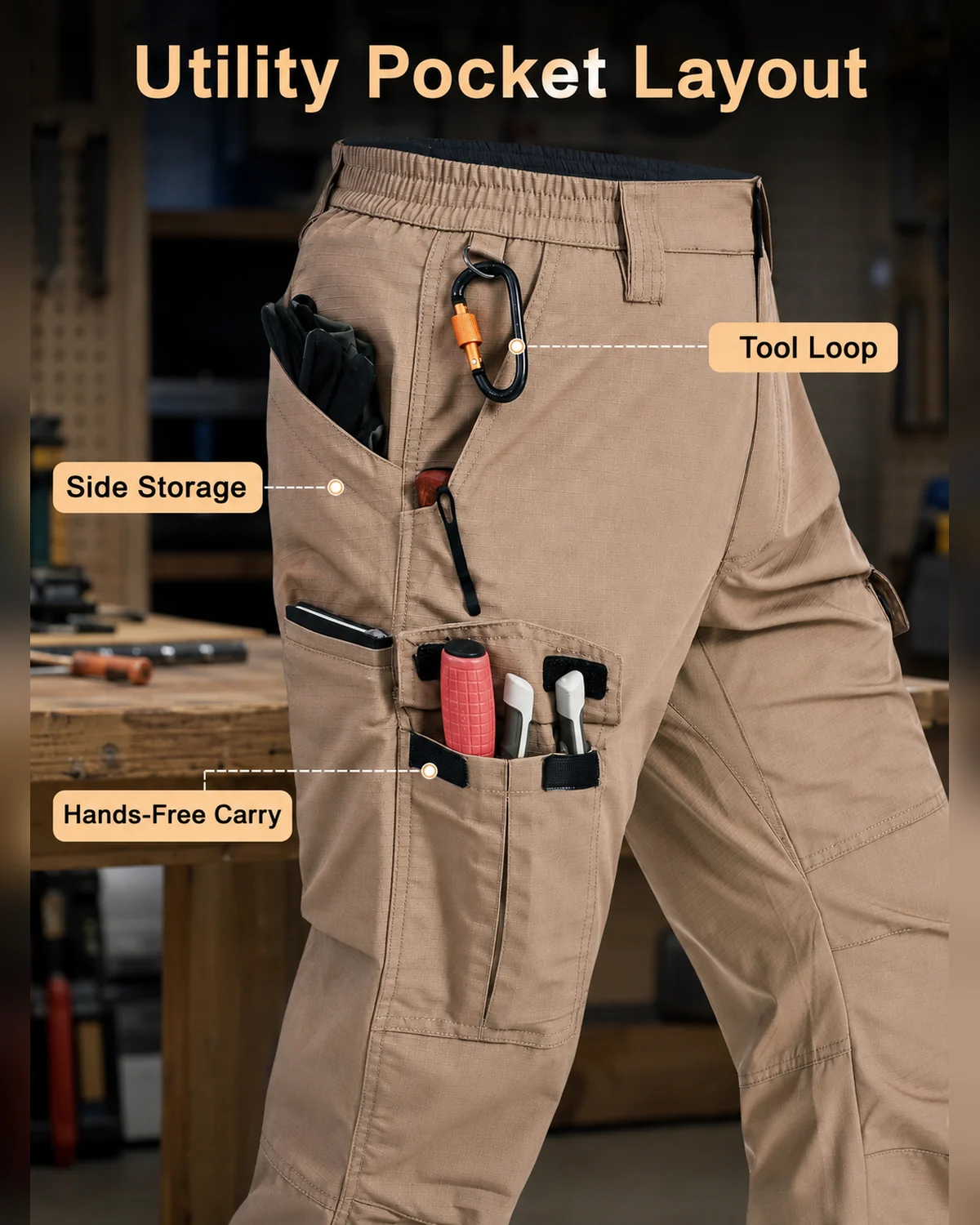 Detalhe de material e estrutura para Calca de trabalho industrial masculina com costuras reforcadas