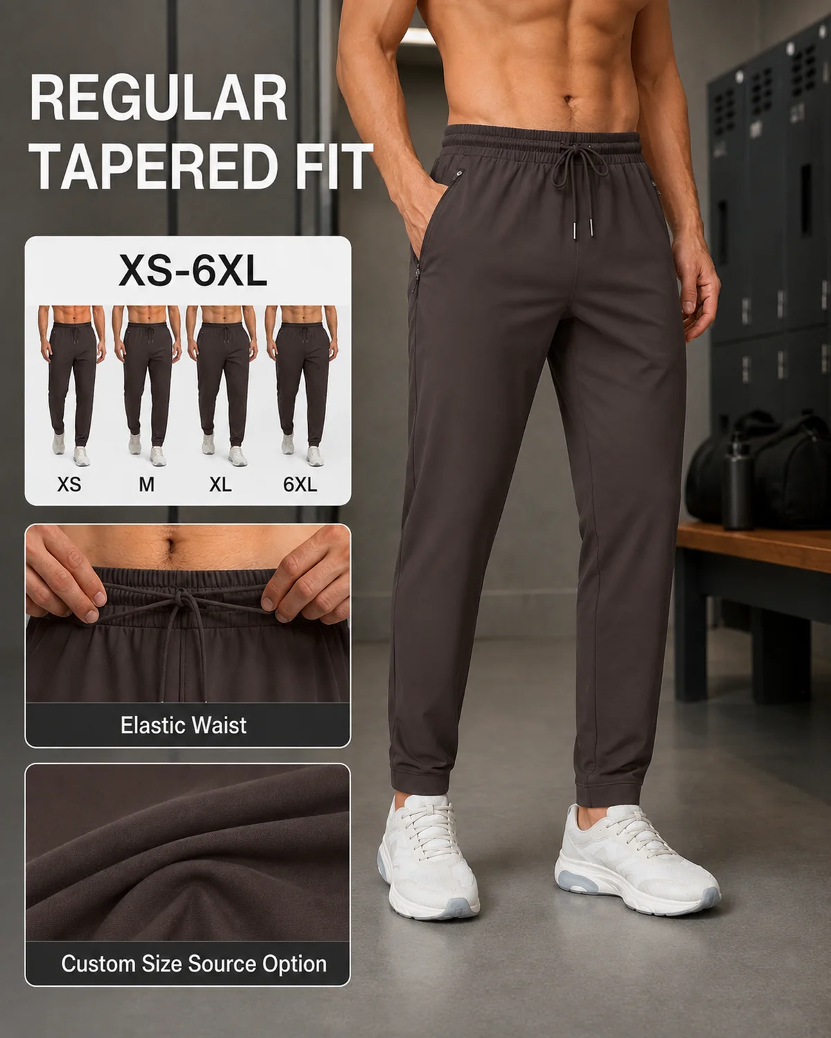 Material and structure detail for Men's Lightweight Jogger Pants with Zip Pockets