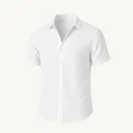 Vista frontale di camicia bianca a maniche corte con colletto a punta e abbottonatura frontale