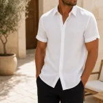 Uomo con camicia bianca a maniche corte abbottonata e pantaloni neri su un patio