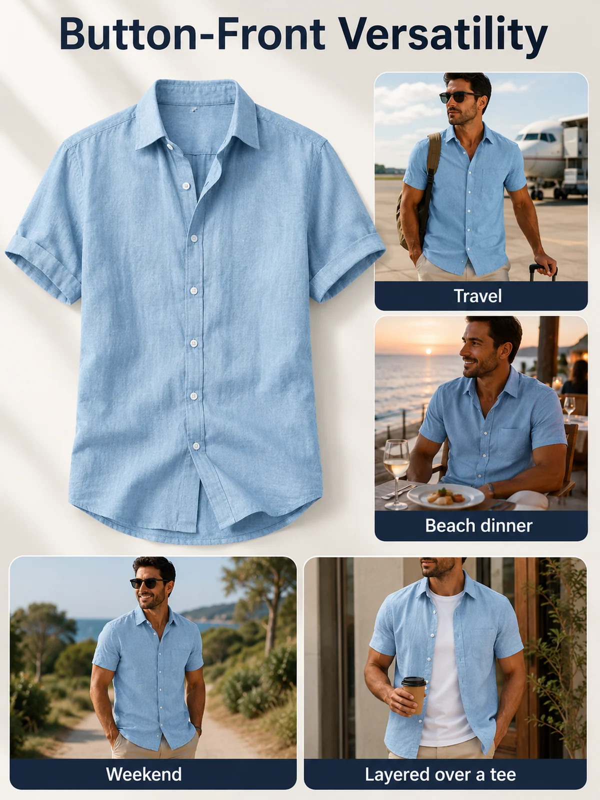Dettaglio misura o uso per Camicia uomo lino cotone manica corta estiva per uso quotidiano