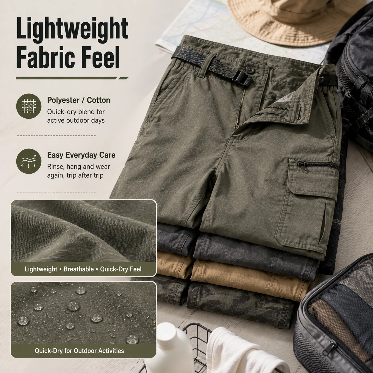 Herren schnelltrocknende Cargoshorts Stoff und Pflege