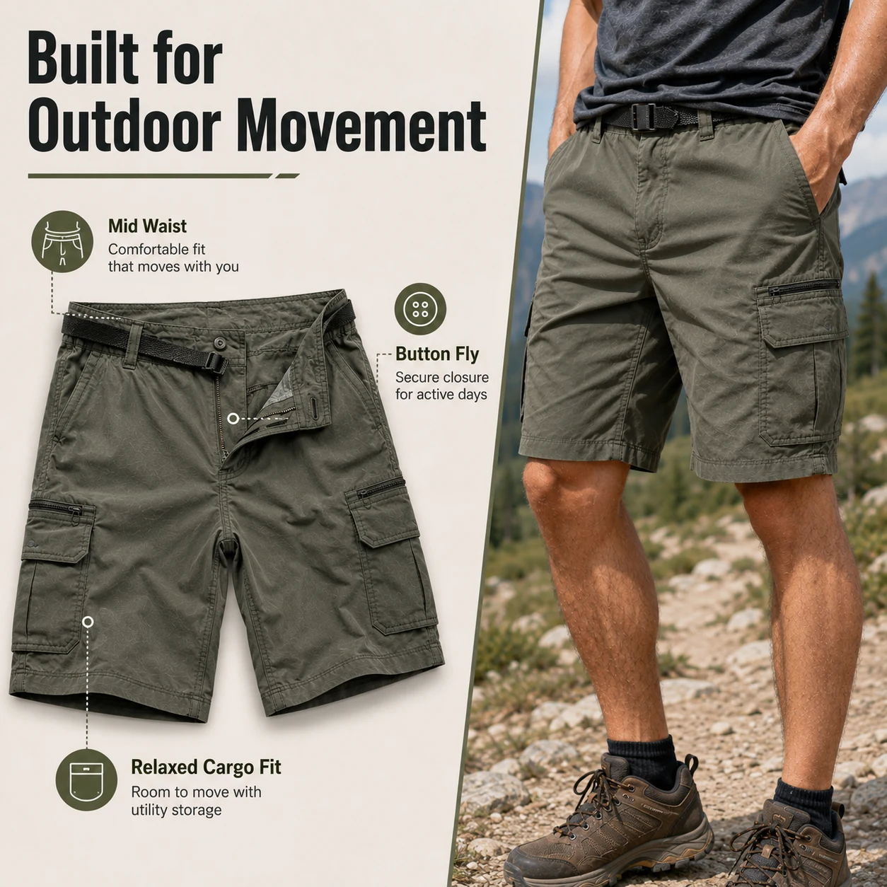 Herren Outdoor Cargoshorts Passform und Taschenstruktur