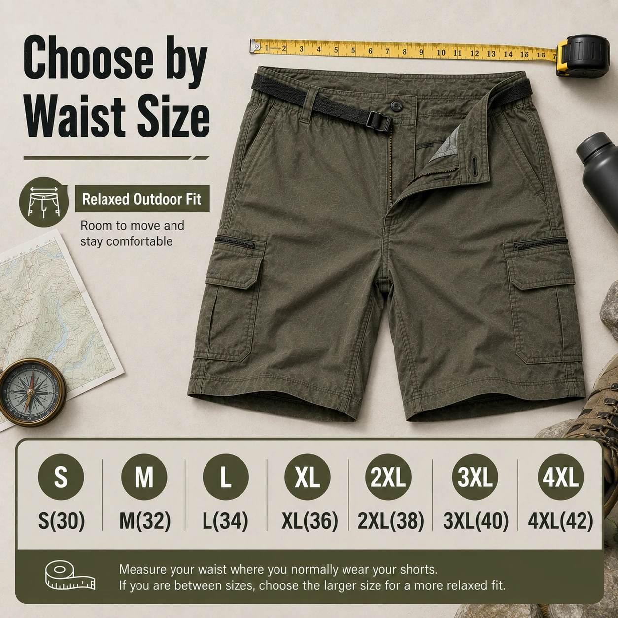 Groessenhilfe für Herren Cargoshorts mit Komfortbund
