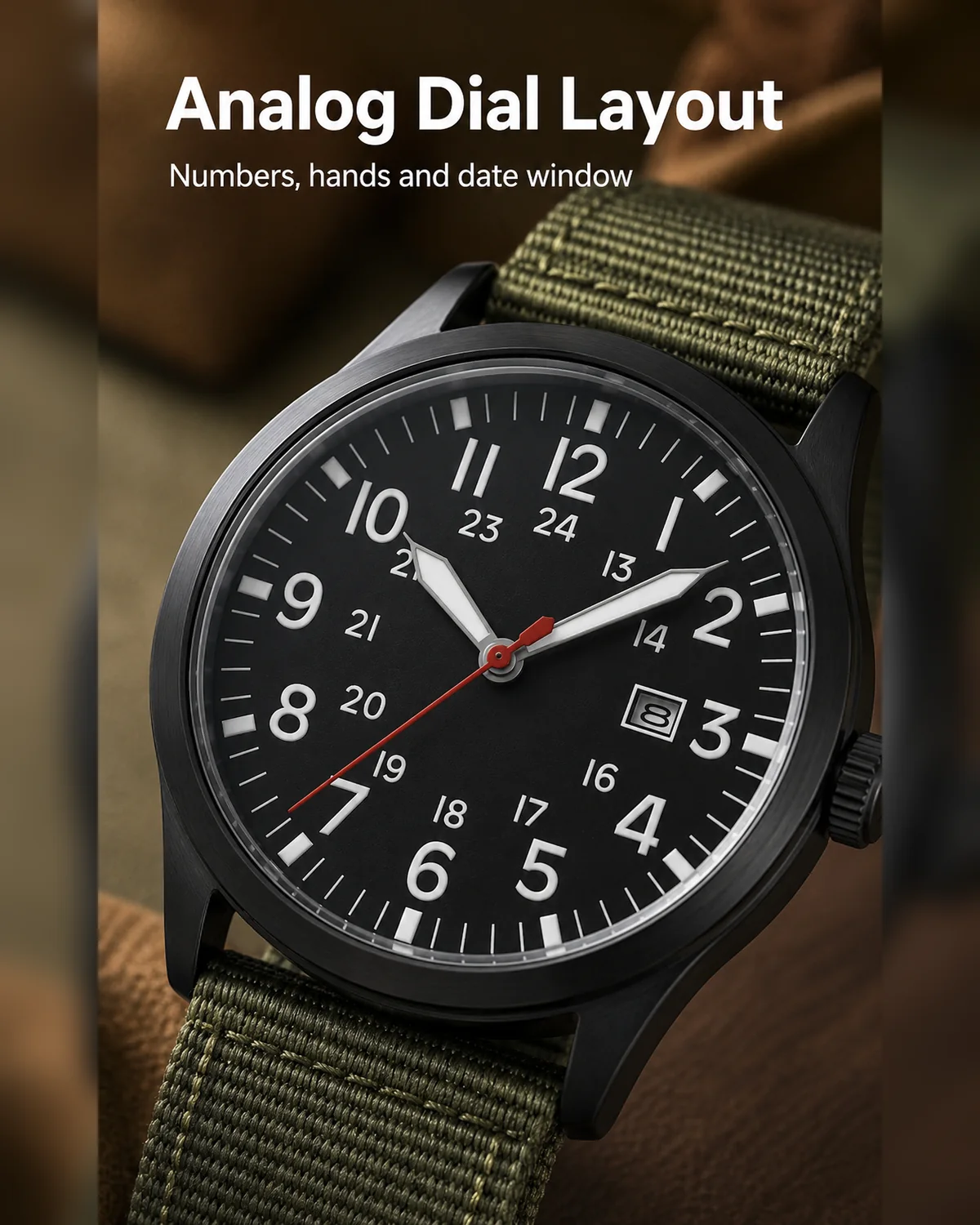 Analog dial layout on a men's outdoor style nylon strap quartz watch