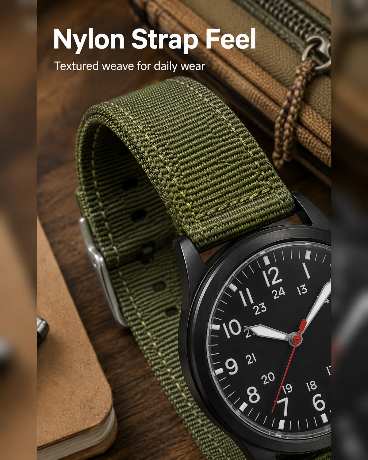 Textured nylon strap detail on an everyday analog quartz watch