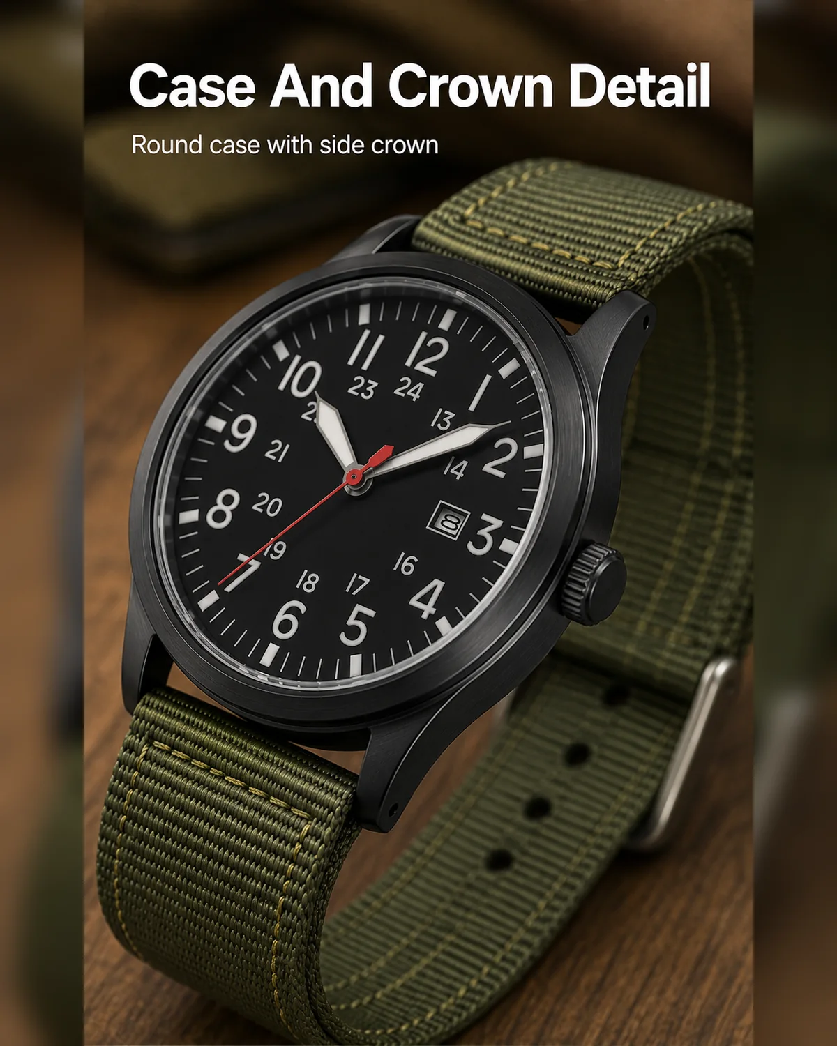 Round alloy style case and side crown detail on a nylon strap watch