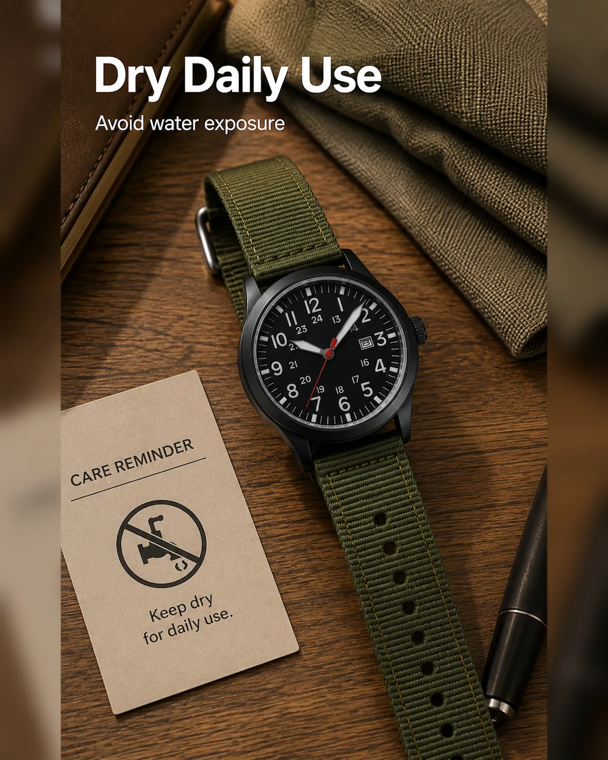 Dry daily use care reminder for a nylon strap quartz wristwatch