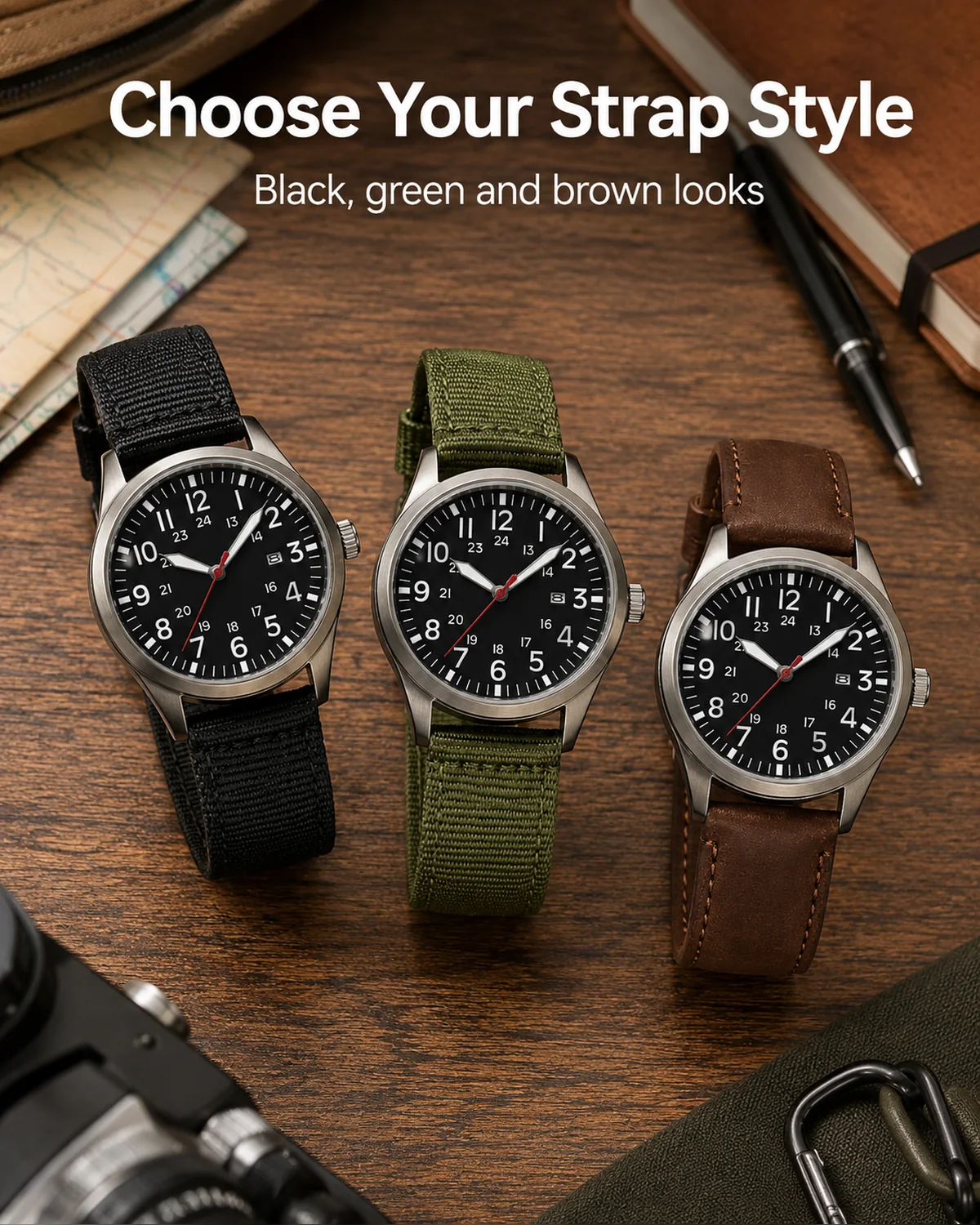 Black green and brown style options for an outdoor style quartz watch