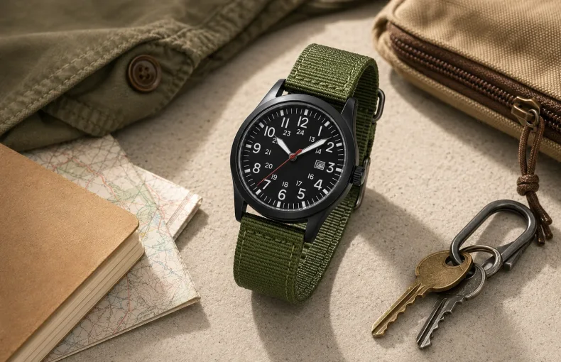 Herren Quarzuhr mit Nylonarmband: Zifferblatt, Passform und Trocken-Nutzung