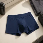 Boxer aderenti blu navy su un bancone accanto a un asciugamano scuro, una bottiglia e un beauty case