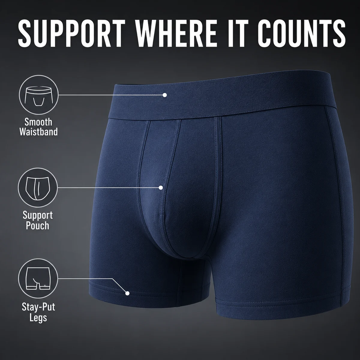 Vista frontale di boxer da uomo blu navy con richiami alla cintura, alla tasca e alle aperture delle gambe