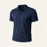 Dunkelblaues Kurzarm-Poloshirt mit umgelegtem Kragen und Knopfleiste