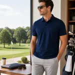 Mann mit dunkelblauem Poloshirt und heller Hose neben einem Fenster mit Blick auf einen Golfplatz