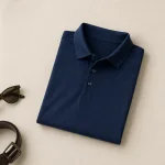 Gefaltetes dunkelblaues Poloshirt neben einer Sonnenbrille und einem Gürtel