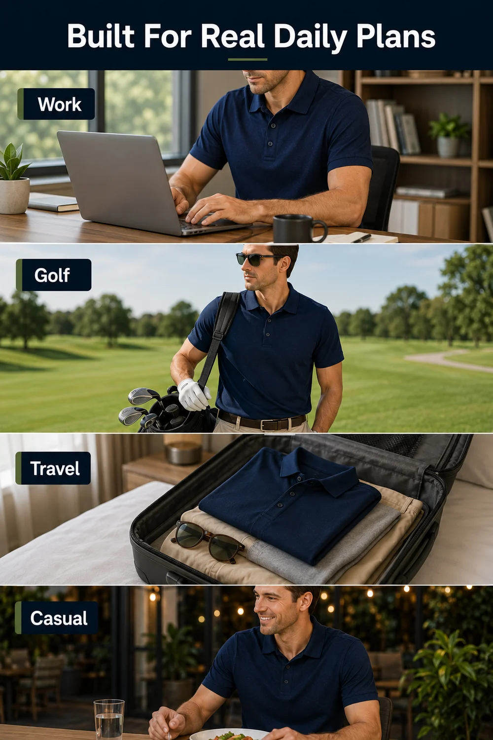 Alltagsszene für Herren Performance Polohemd für Arbeit Golf und Reisen