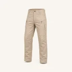 Front view of beige cargo trousers with belt loops, side pockets and straight legs