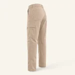 Rear angled view of beige cargo trousers showing the back pocket and side of the leg