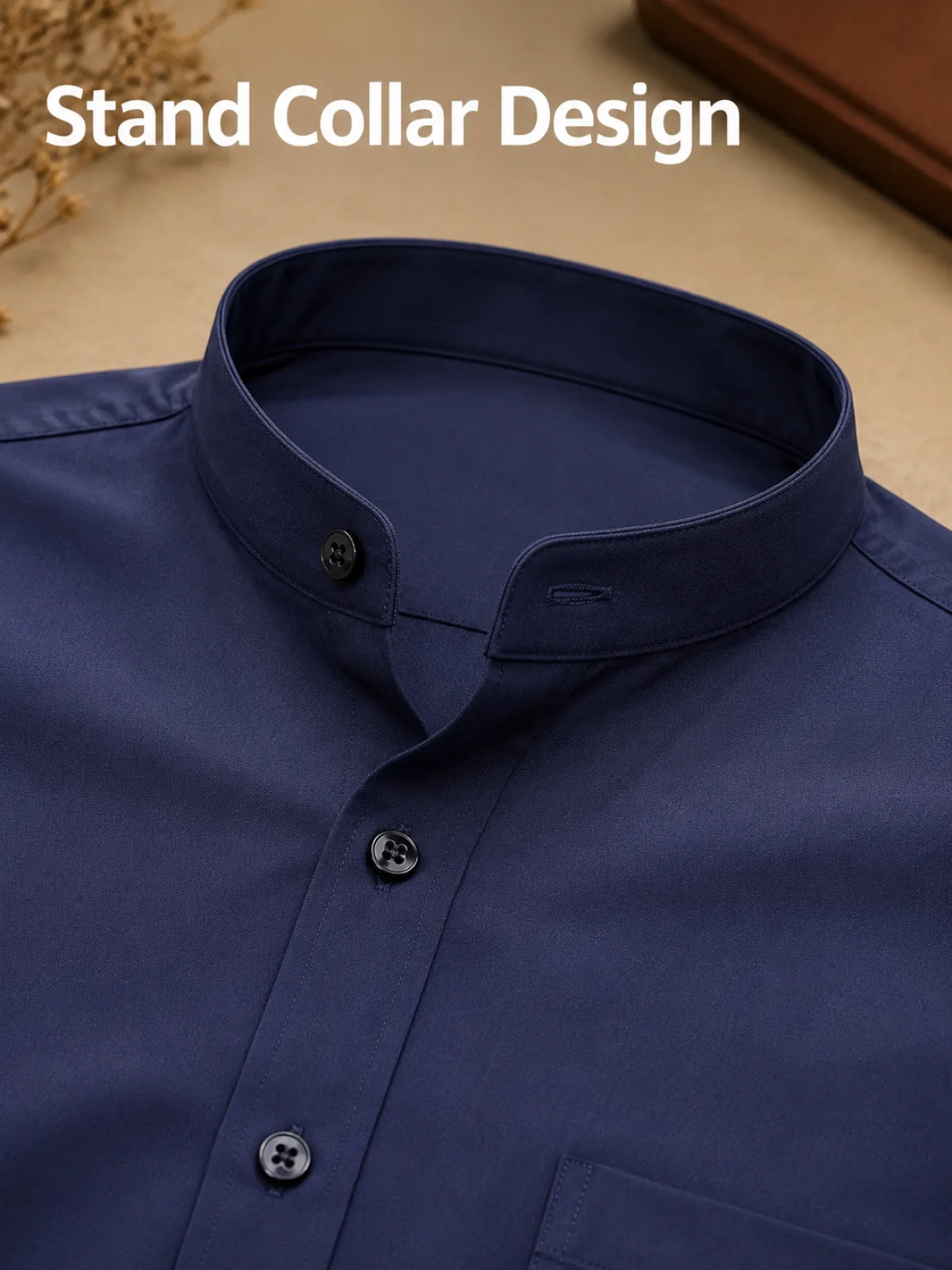 Diseño de cuello mao en camisa lisa de manga larga para hombre