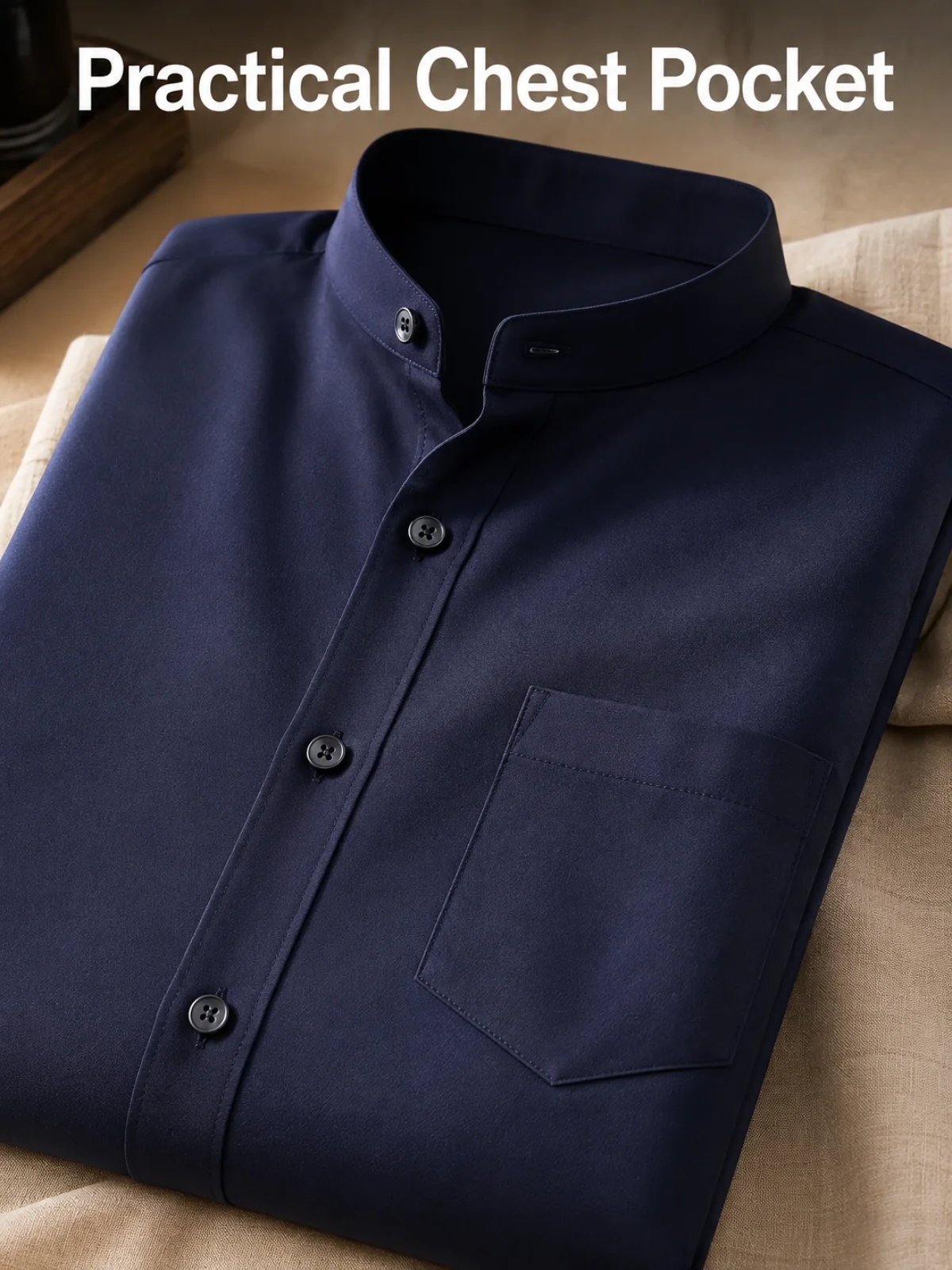 Detalle de bolsillo en camisa de manga larga con cuello mao