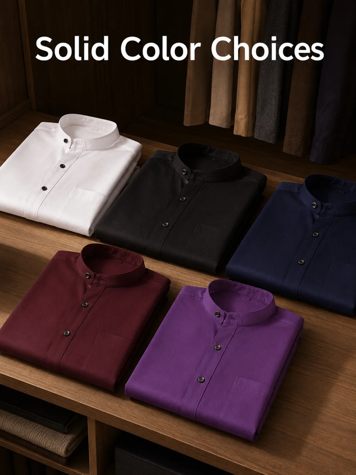 Opciones de color liso para camisa de manga larga con cuello mao