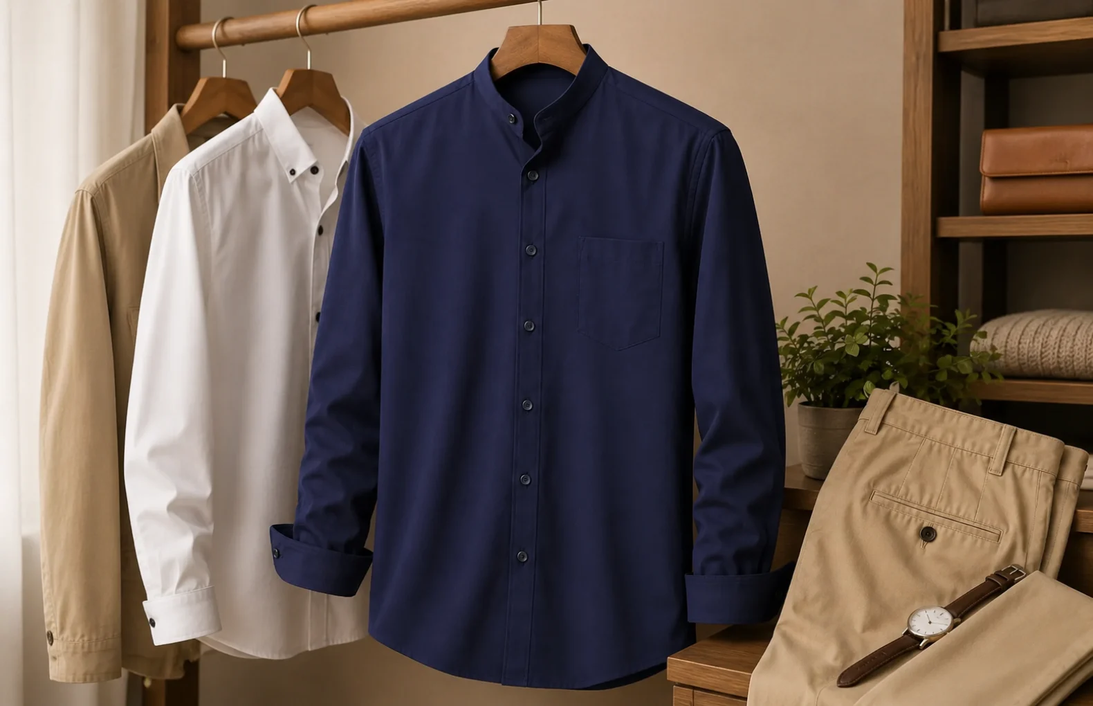 Camisa de hombre con cuello mao y manga larga para capas de primavera y otono