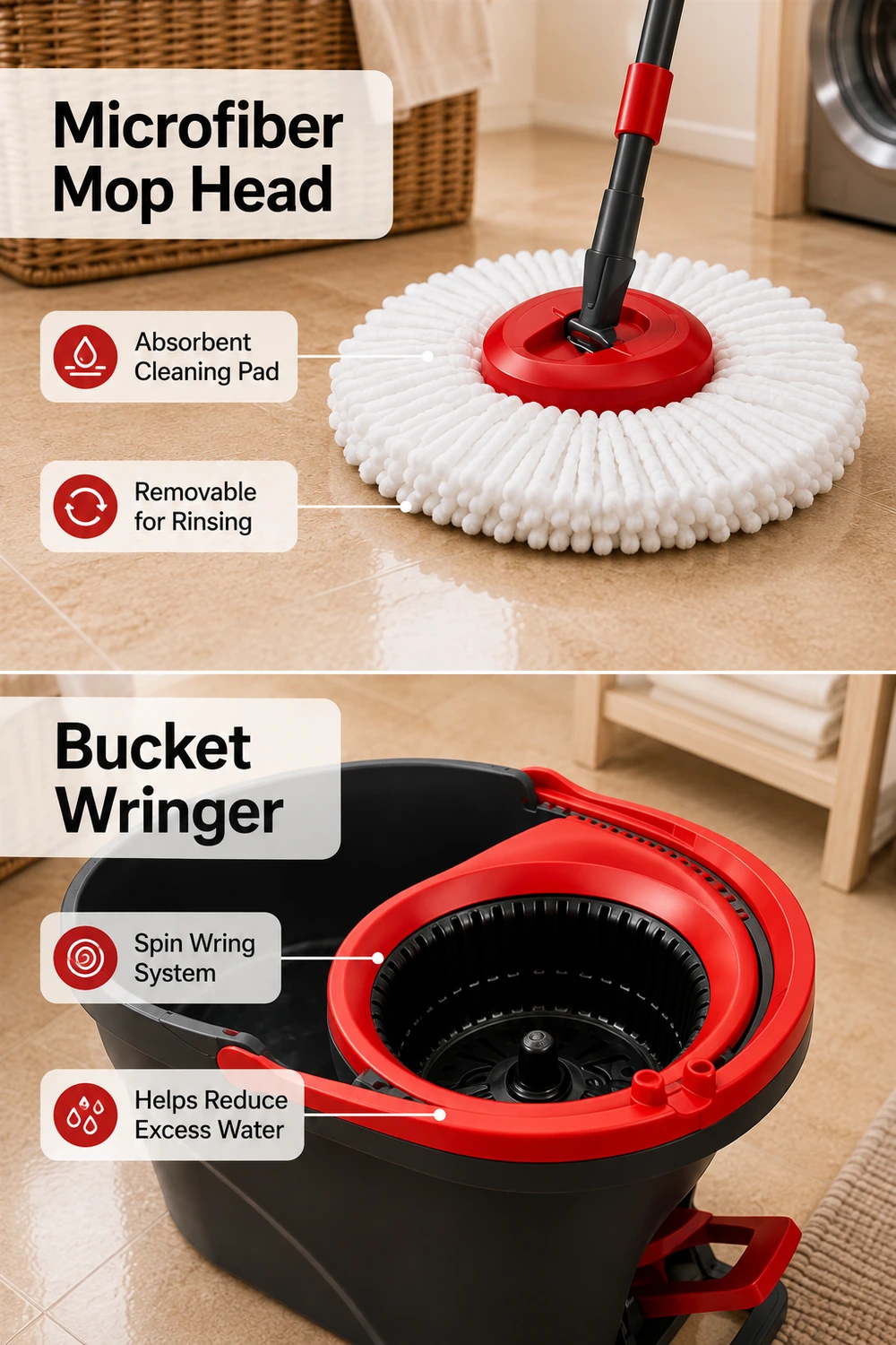 Mikrofaser-Moppkopf und Spin-Eimer-Wringer Detail für Bodenreinigung