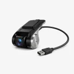 Mini caméra embarquée noire avec pivot latéral argenté, support supérieur et câble USB