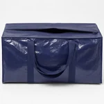 Detalle de la cremallera central recta de una bolsa azul