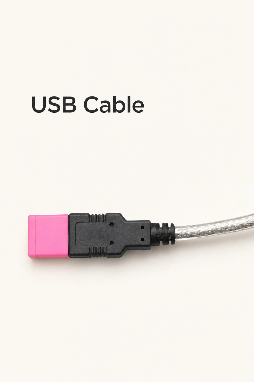 Silberner Kabelabschnitt und schwarzes Ende mit rosa Kappe neben der Überschrift USB Cable
