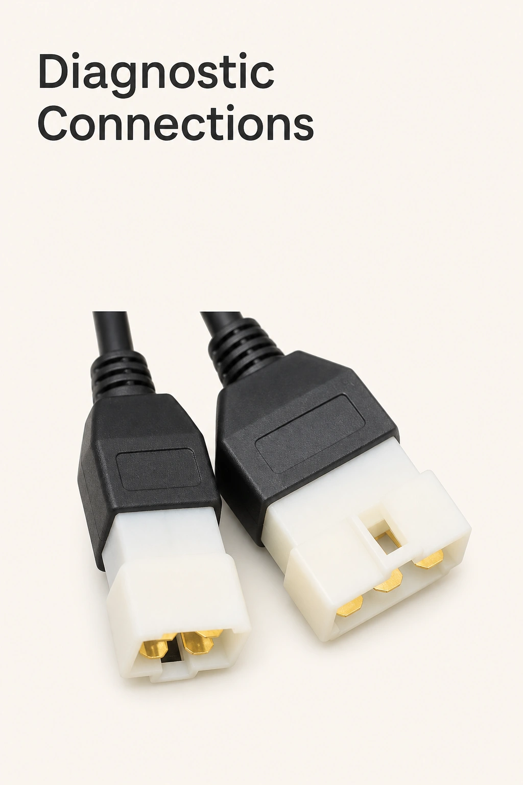 Zwei weiße Diagnoseanschlüsse mit schwarzen Kabelabschnitten neben der Überschrift Diagnostic Connections