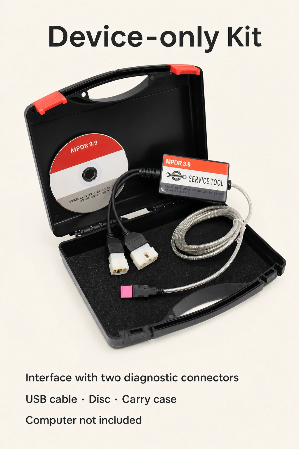 Ein Diagnoseset im offenen Koffer mit Text zu Interface, Anschlüssen, USB-Kabel, CD und Koffer sowie dem Hinweis, dass kein Computer enthalten ist