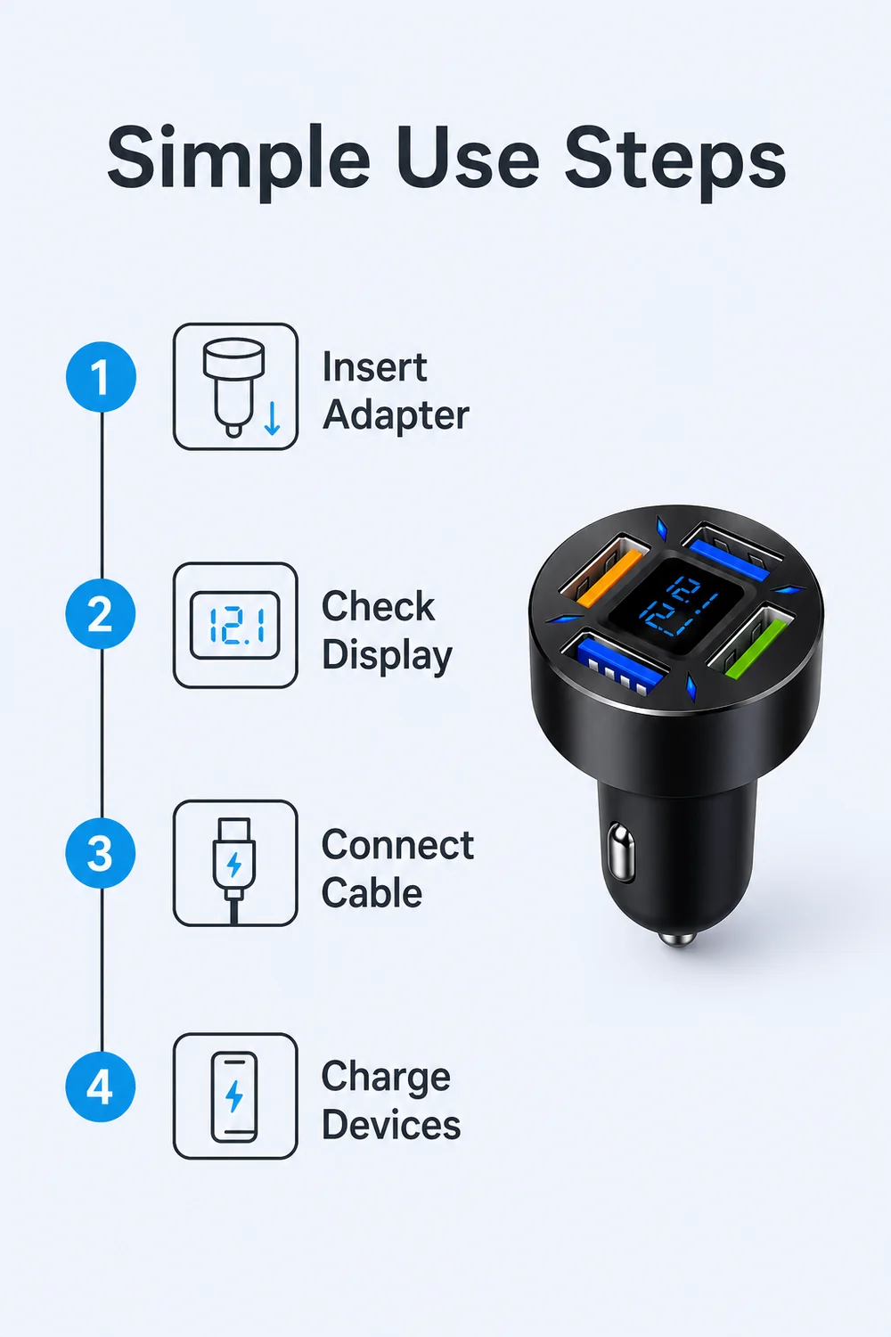 Simple setup detail for inserting a car charger connecting a cable and placing a device securely
