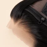 Primer plano de la línea del cabello, frontal de malla fina, borde interior de la gorra y tope de cordón negro