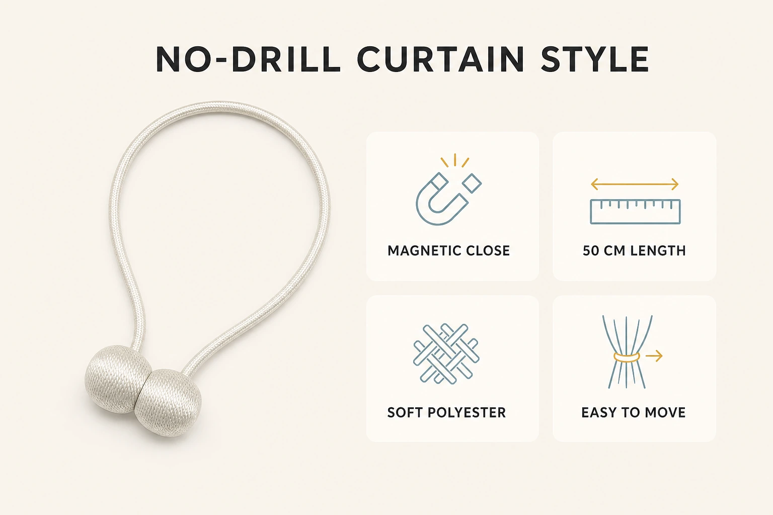 No-drill magnetic curtain tieback benefits with 50 cm length and soft polyester cord