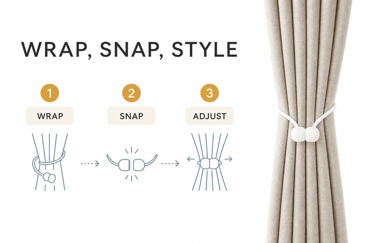Wrap snap and adjust steps for a magnetic curtain tieback