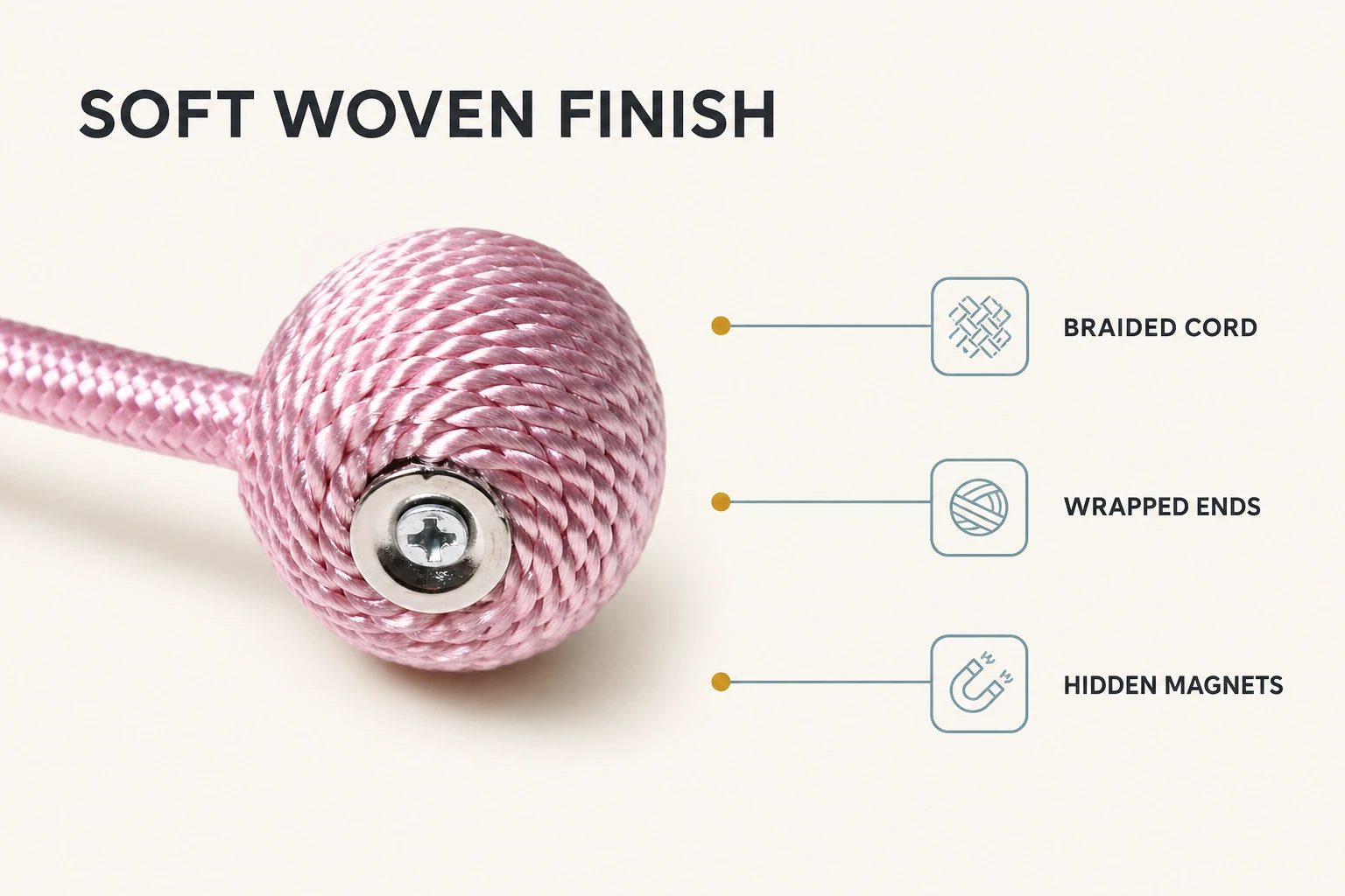 Braided polyester cord and round magnetic end close-up