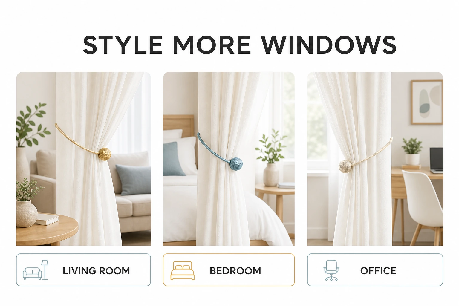 Magnetic curtain tiebacks styled for living room bedroom and office windows