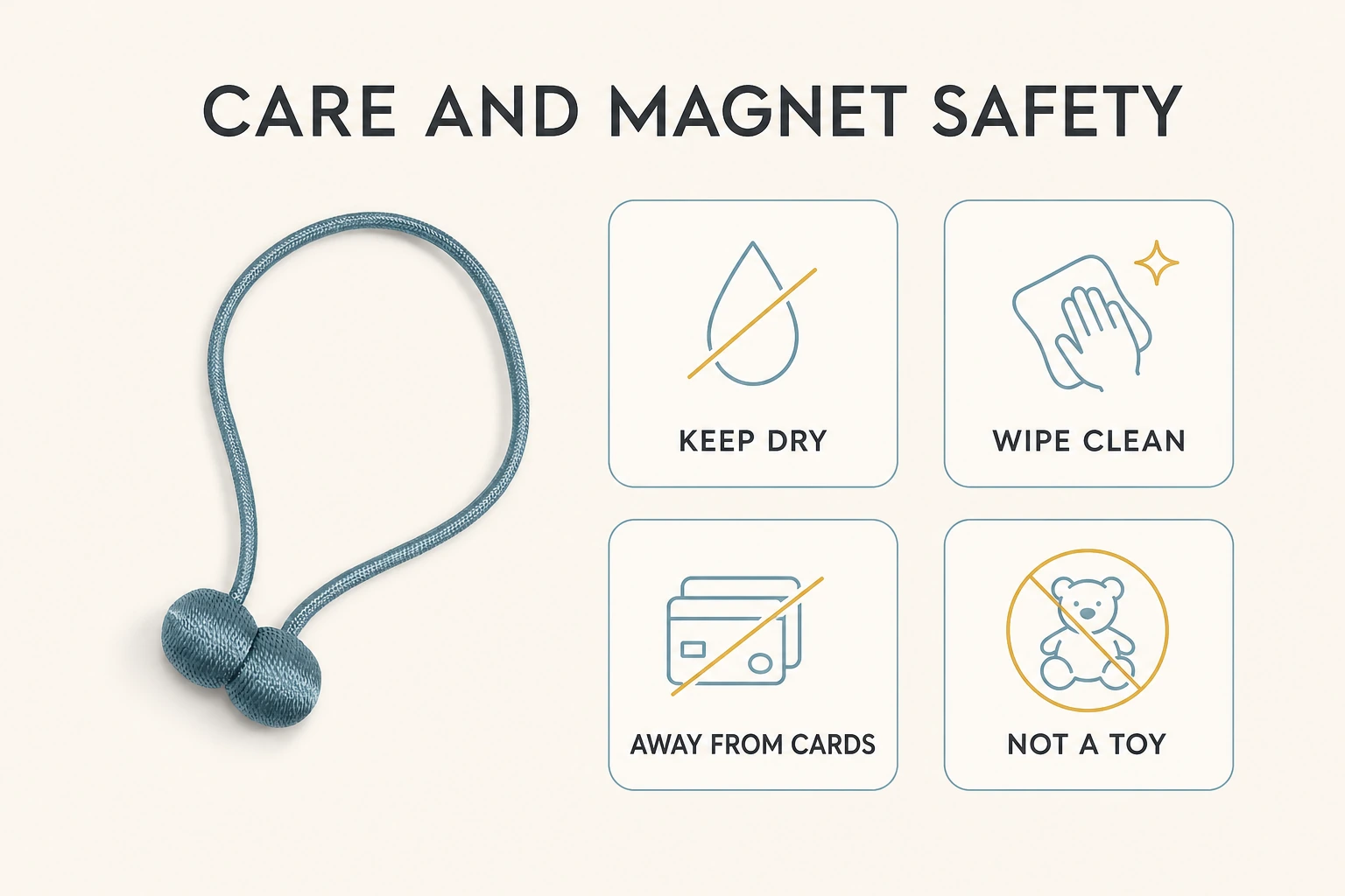 Care and magnet safety tips for magnetic curtain tiebacks