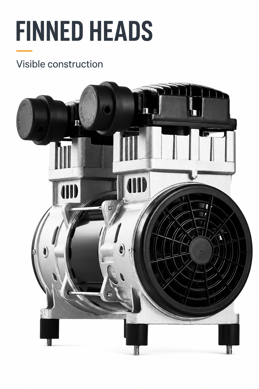 Pump motor assembly with black finned heads and a circular fan guard