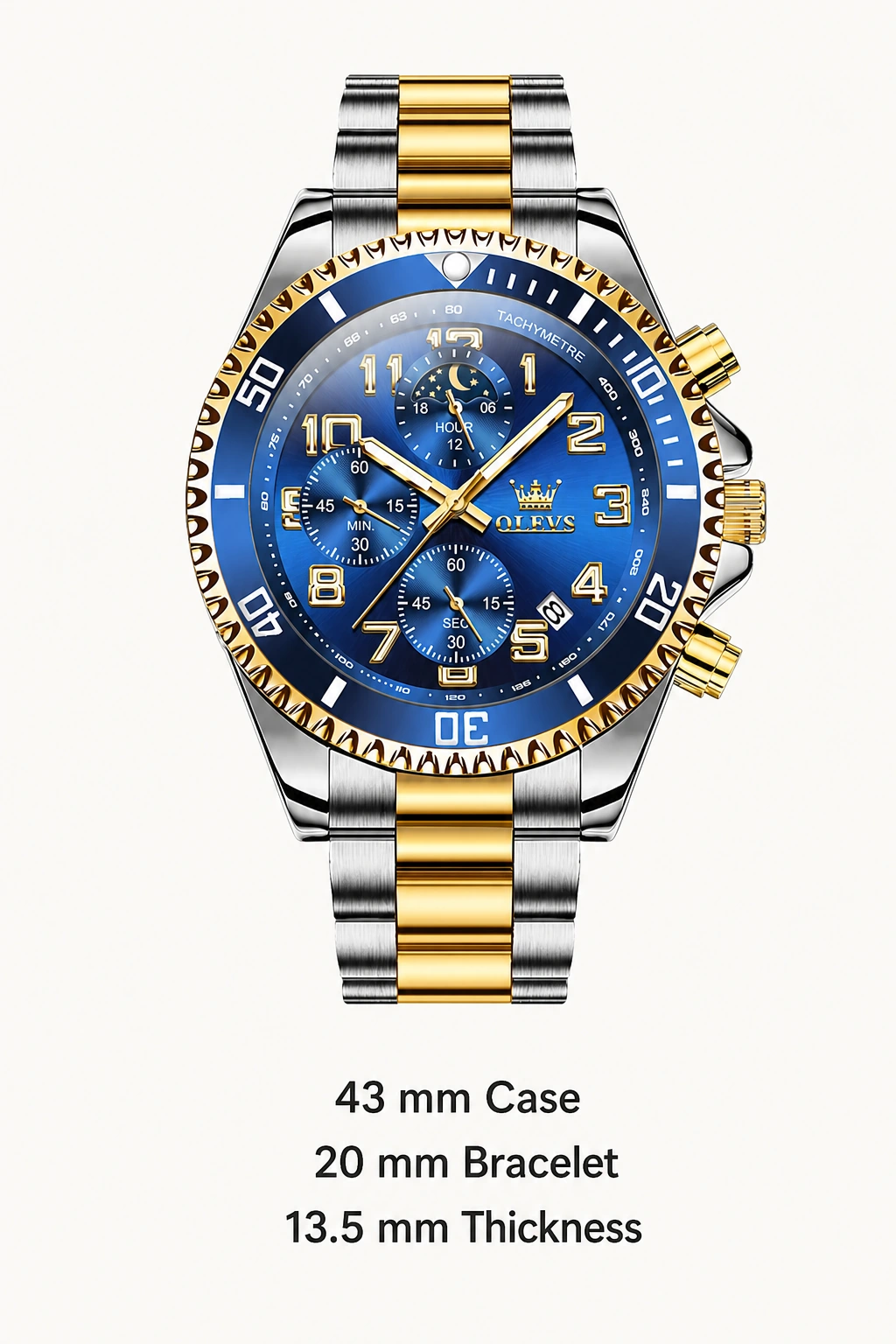 Gold-Blau-Uhr mit Maßangaben zu 43 mm Gehäuse, 20 mm Armbandbreite und 13,5 mm Höhe