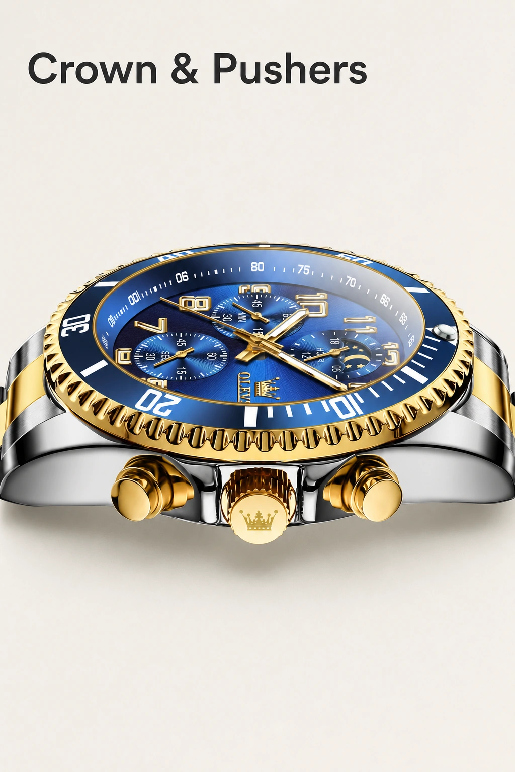 Krone und zwei Chronographendrücker seitlich am Gehäuse der Gold-Blau-Uhr