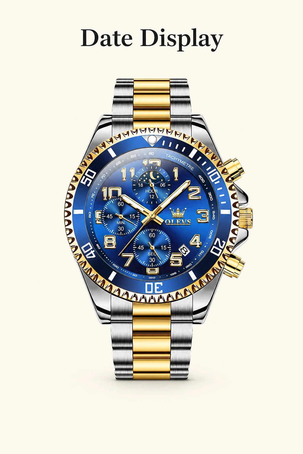 OLEVS 2926 Gold-Blau mit Datumsfenster und der Überschrift Date Display