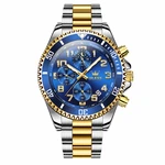 OLEVS 2926 Dourado-Azul de frente com mostrador azul e pulseira bicolor sobre branco