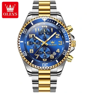 OLEVS 2926 Dourado-Azul com mostrador e aro azuis e pulseira prateada e dourada