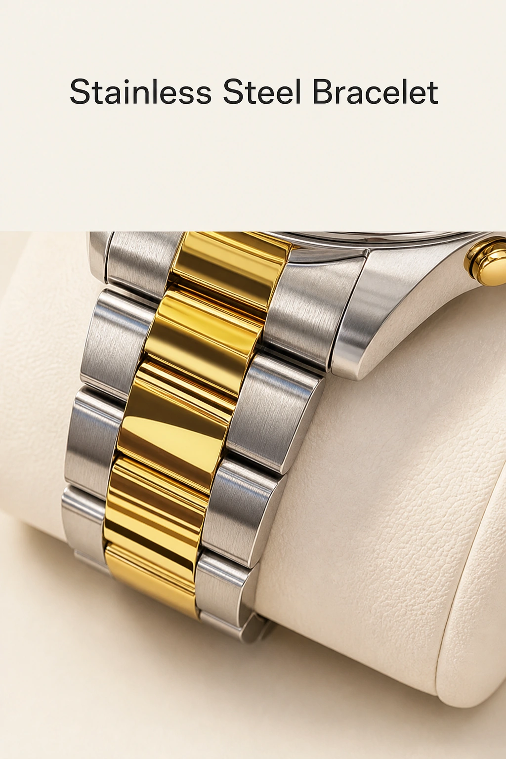 Detail der silber- und goldfarbenen Armbandglieder mit Überschrift zum Edelstahlarmband