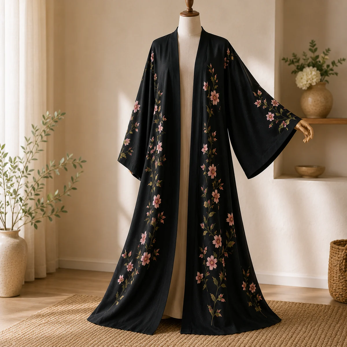 Material- und Strukturdetail für Offenes Kimono-Abaya-Kleid für Damen mit schwarzem Blumenprint